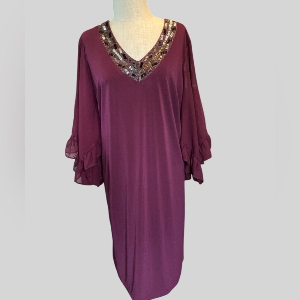 C. Est 1946 Plus Size Plum Beaded Flutter Sleeve Midi Dress 18W 20W